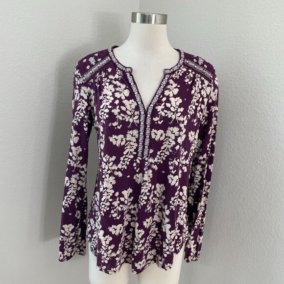 Lucky Brand Womens Medium Floral Embroidered Tunic Top Long Sleeve V Neck Boho - Picture 1 of 11